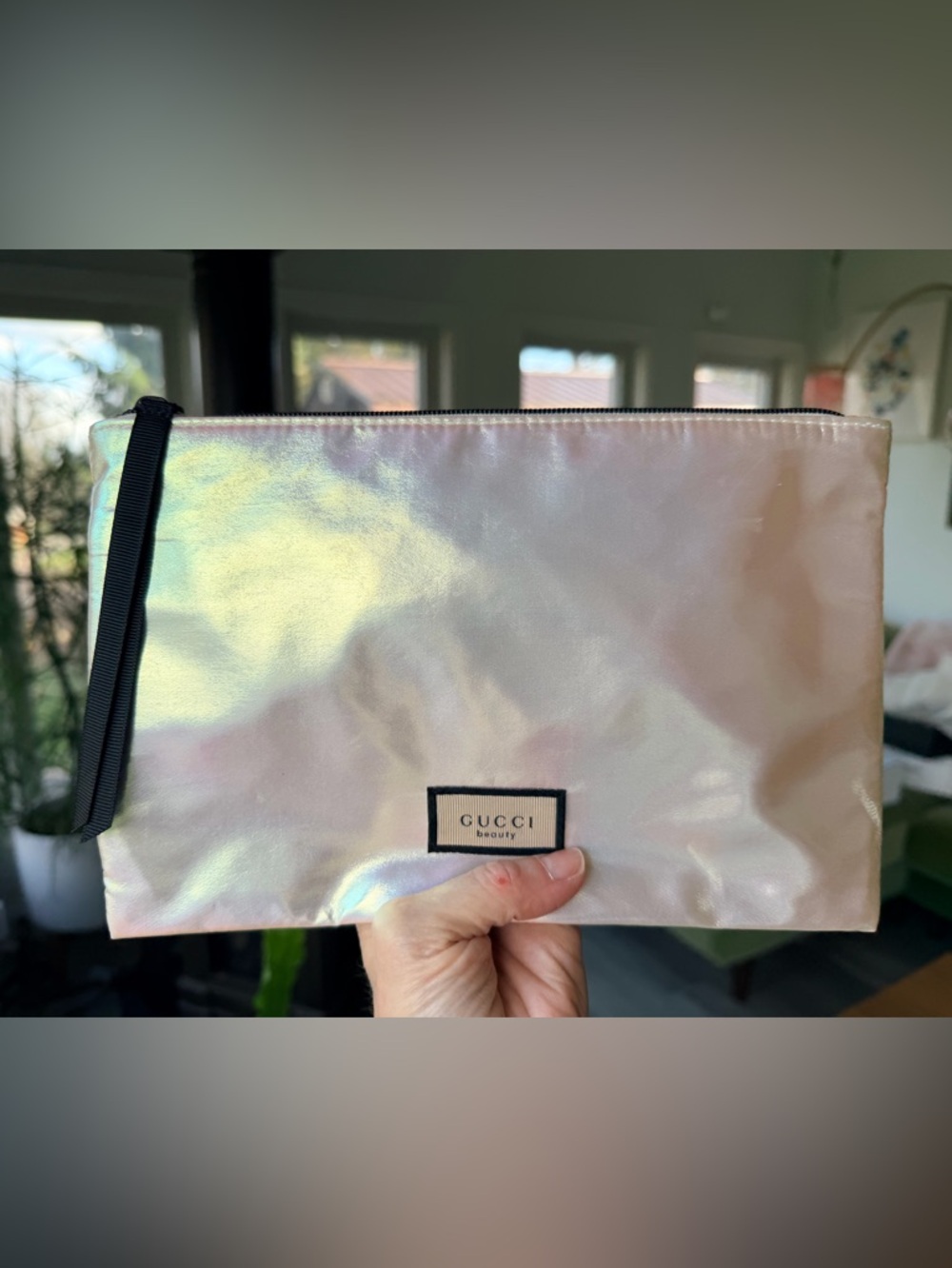 Gucci Iridescent Holographic Ivory Pouch w Teal Floral Interior NEW/SEALED Bag